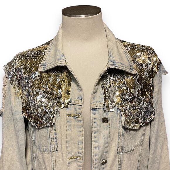 L&B Sequin Denim Jacket Distressed Acid Wash Gold Silver Medium - Picture 2 of 7